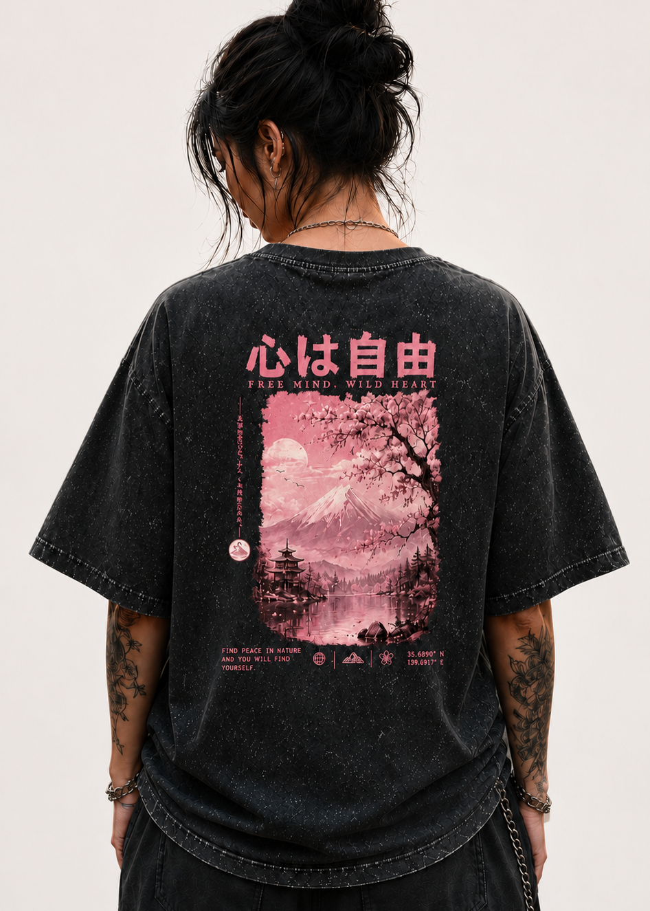 Pink Sakura Mountain Acid Wash Oversized Unisex Tee - 240 GSM
