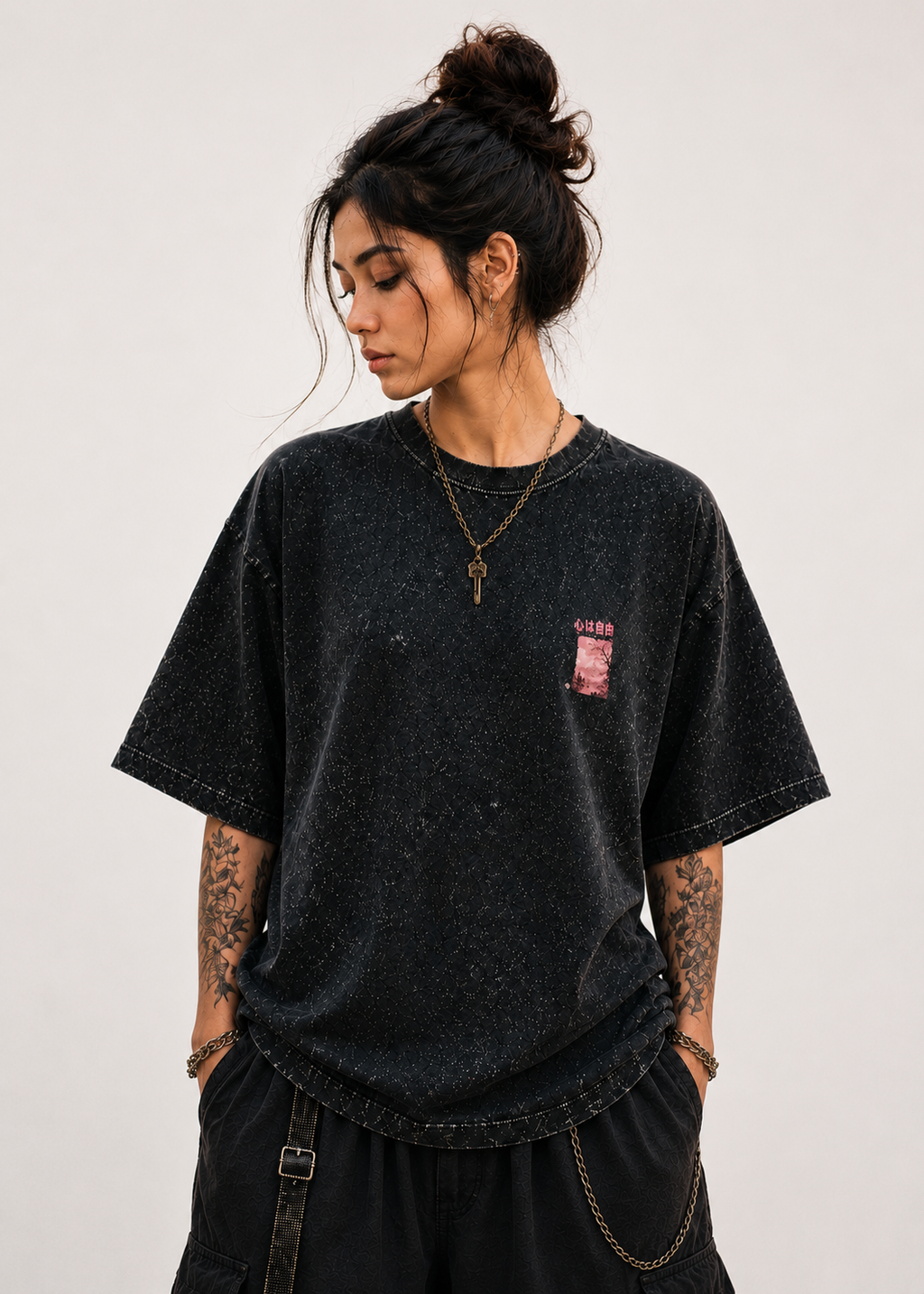 Pink Sakura Mountain Acid Wash Oversized Unisex Tee - 240 GSM