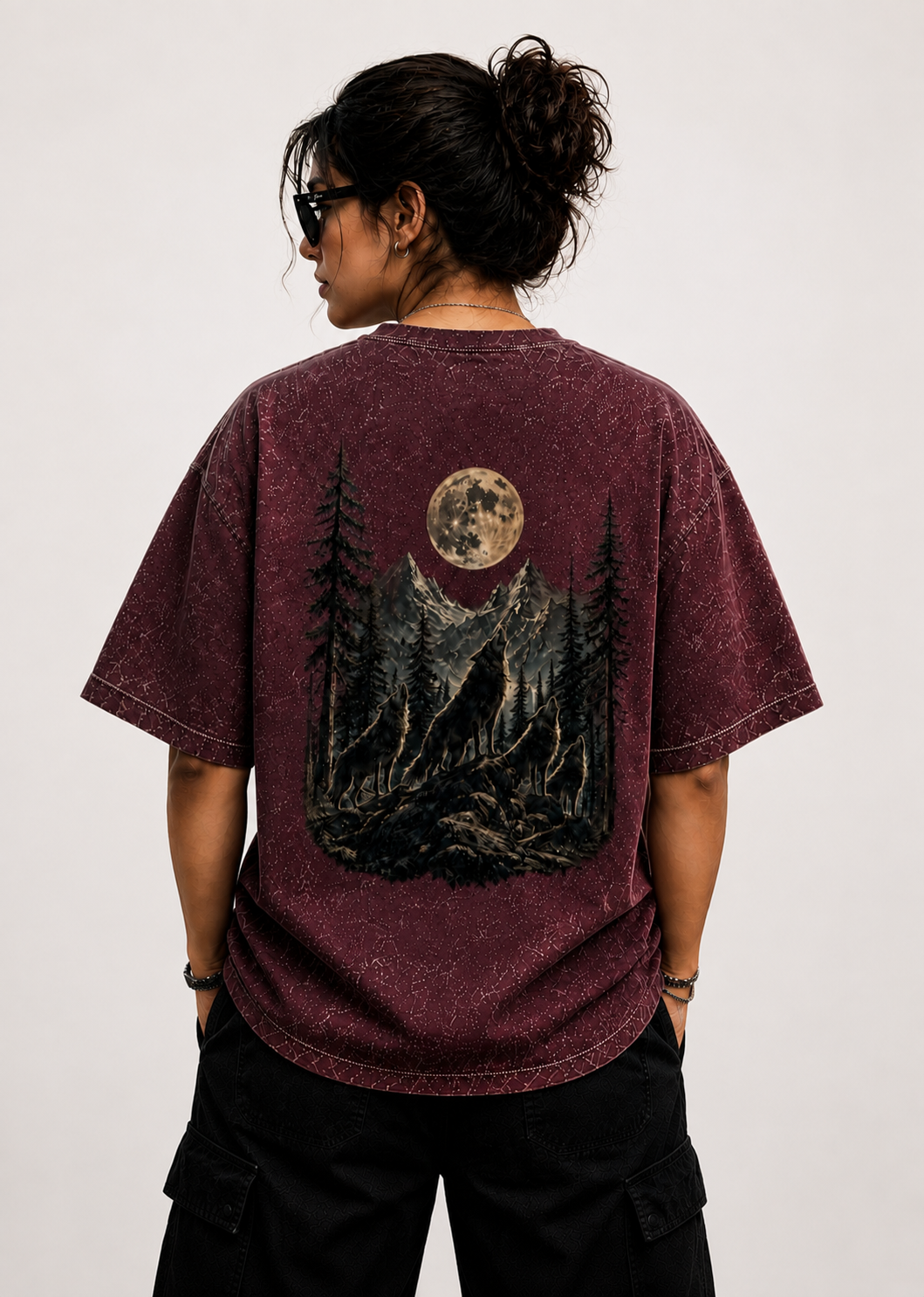Midnight Forest Moon Acid Wash Oversized Unisex Tee - 240 GSM