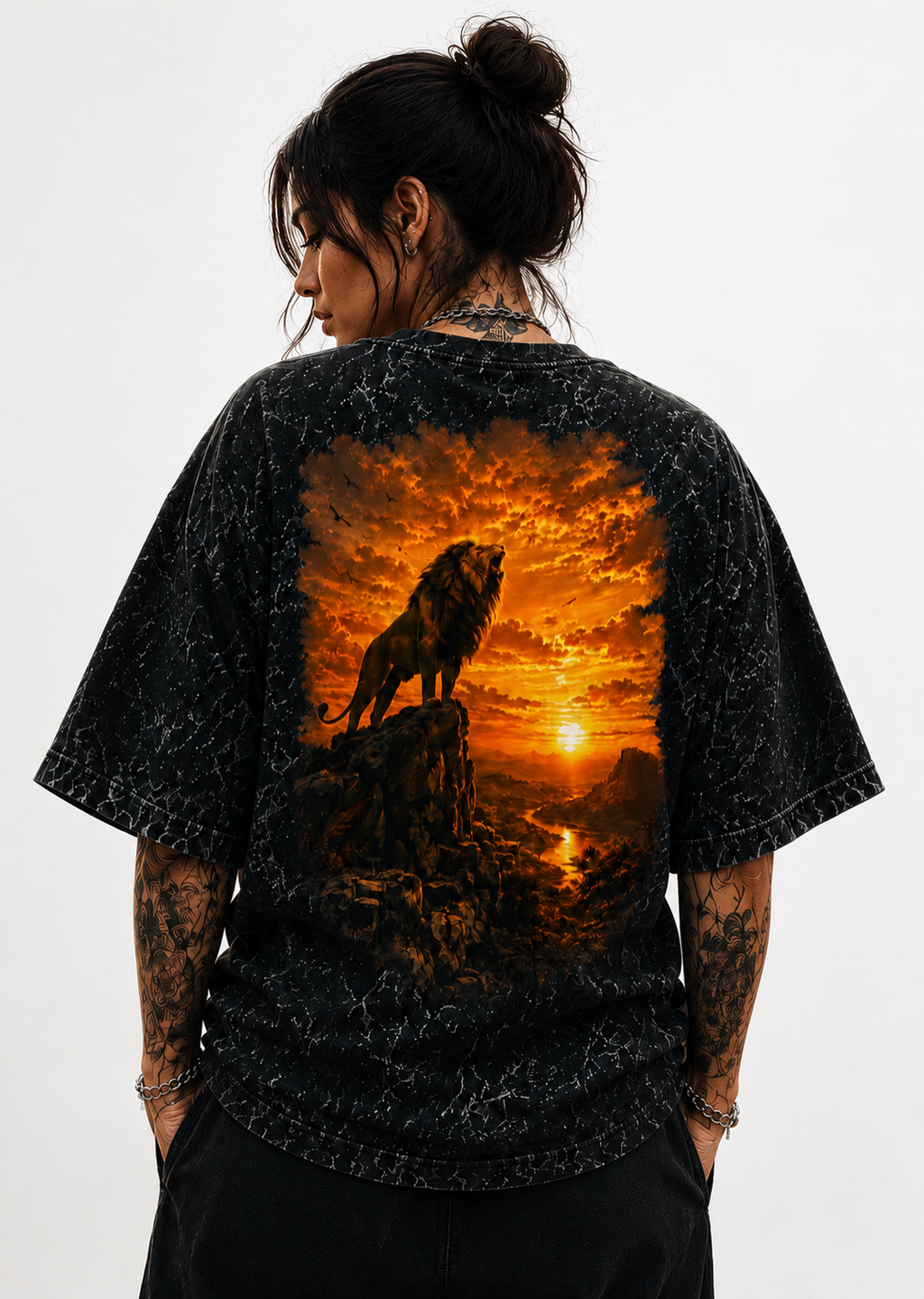 Lone Warrior Sunset Acid Wash Oversized Unisex Tee - 240 GSM
