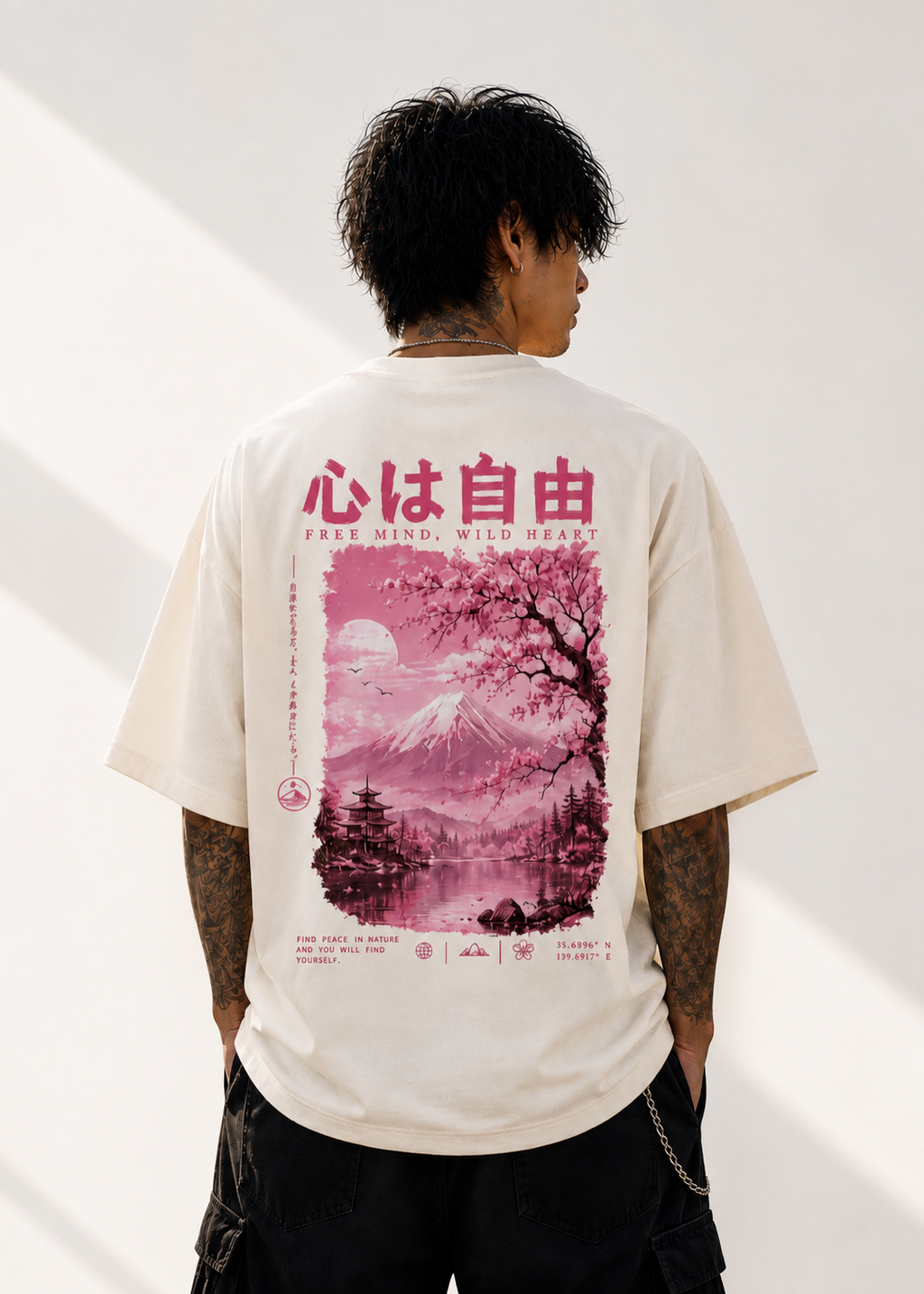 Pink Sakura Mountain Graphic Oversized Unisex Tee - 260 GSM Terry