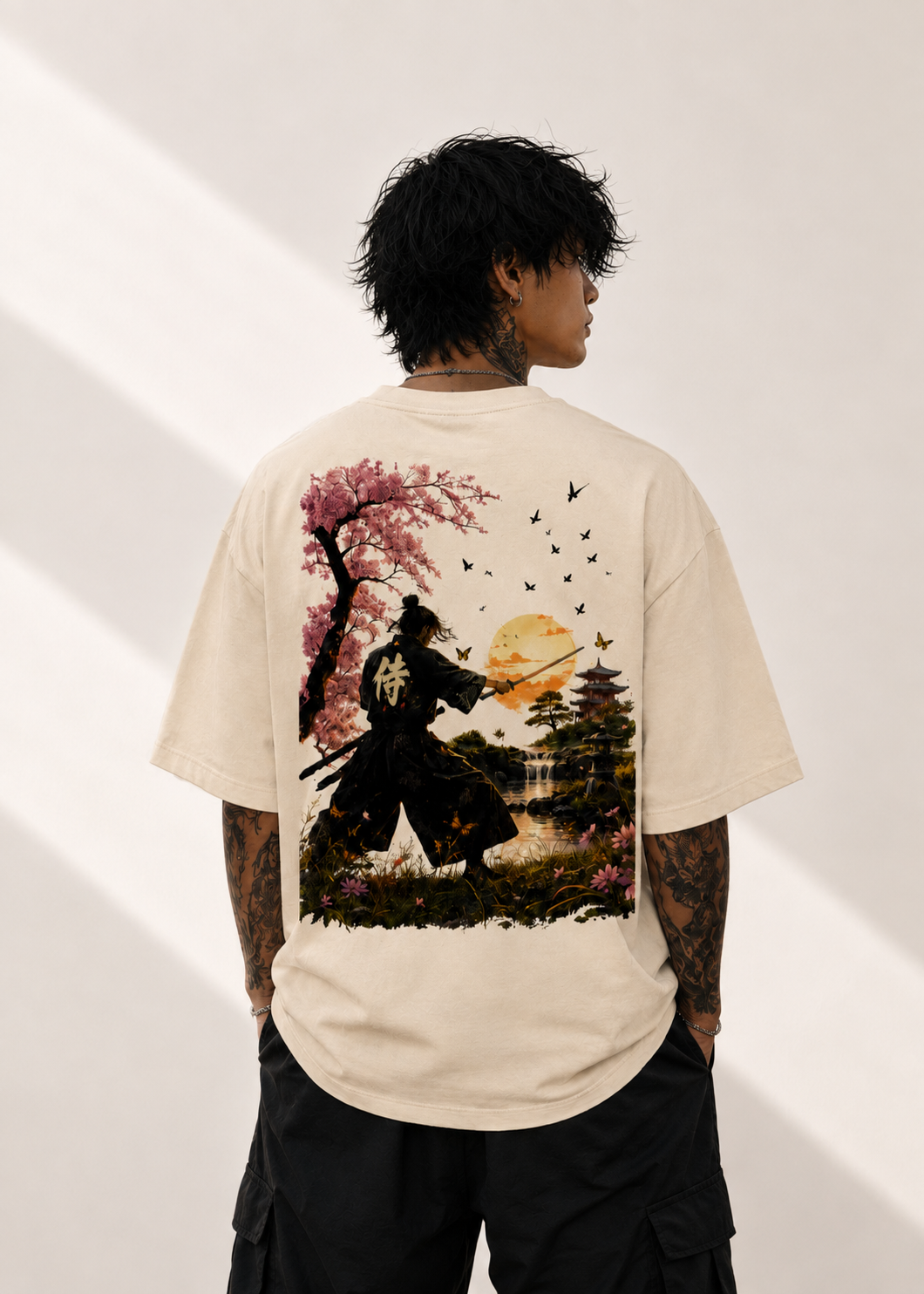 Samurai Cherry Blossom Graphic Oversized Unisex Tee - 260 GSM Terry