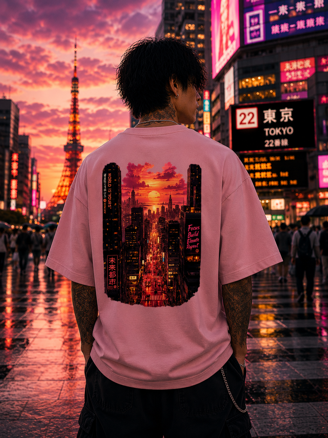 Fiery Cyberpunk Cityscape Oversized Unisex Tee - 260 GSM Terry