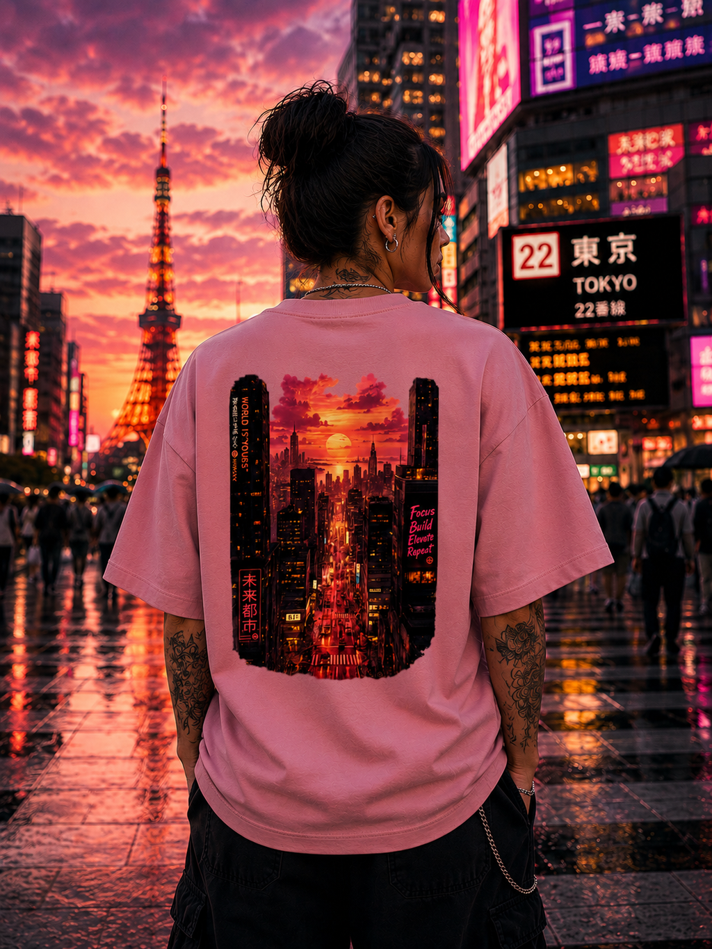 Fiery Cyberpunk Cityscape Oversized Unisex Tee - 260 GSM Terry