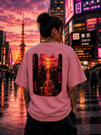Fiery Cyberpunk Cityscape Oversized Unisex Tee - 260 GSM Terry
