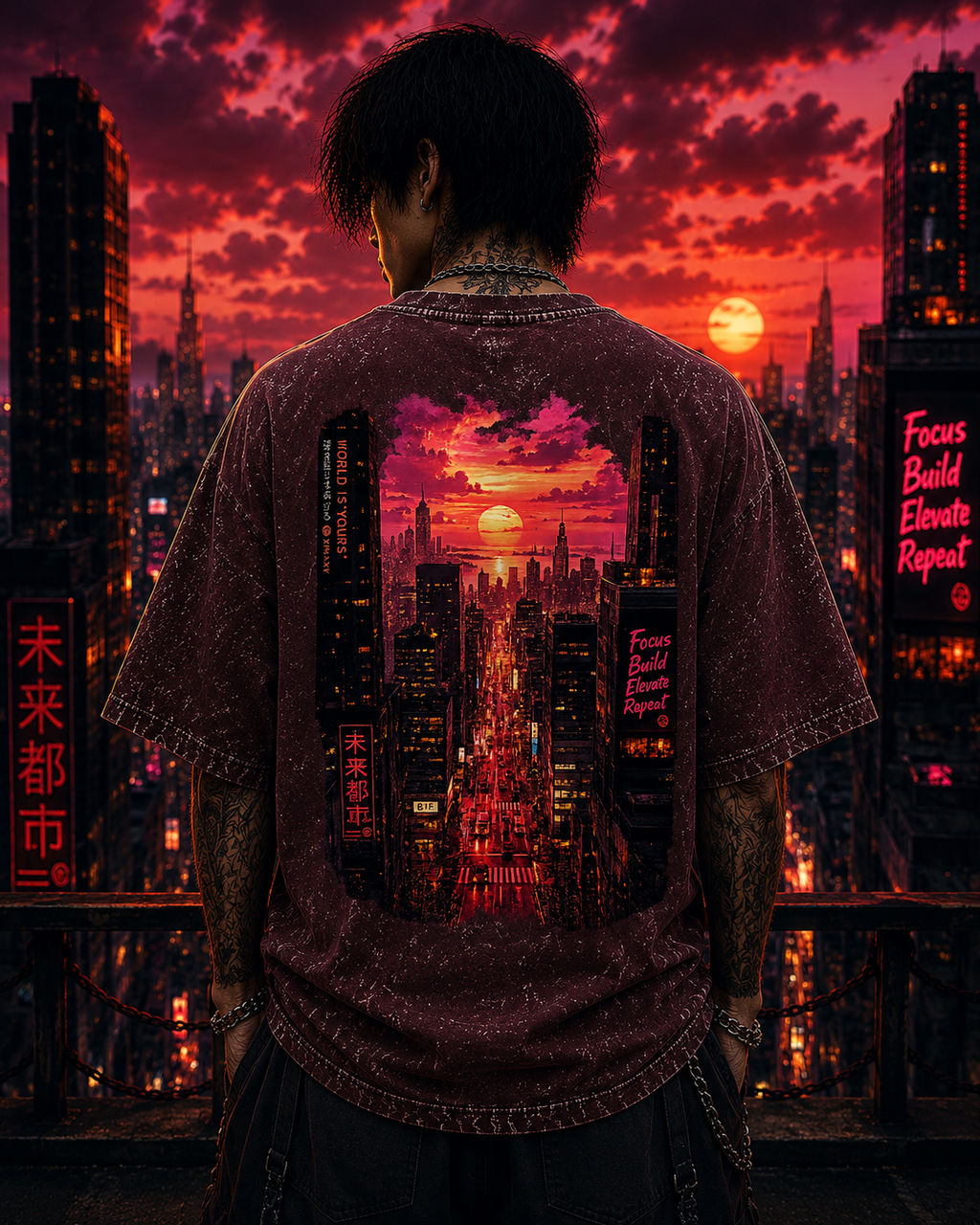 Fiery Cyberpunk Cityscape Acid Wash Oversized Unisex Tee - 240 GSM