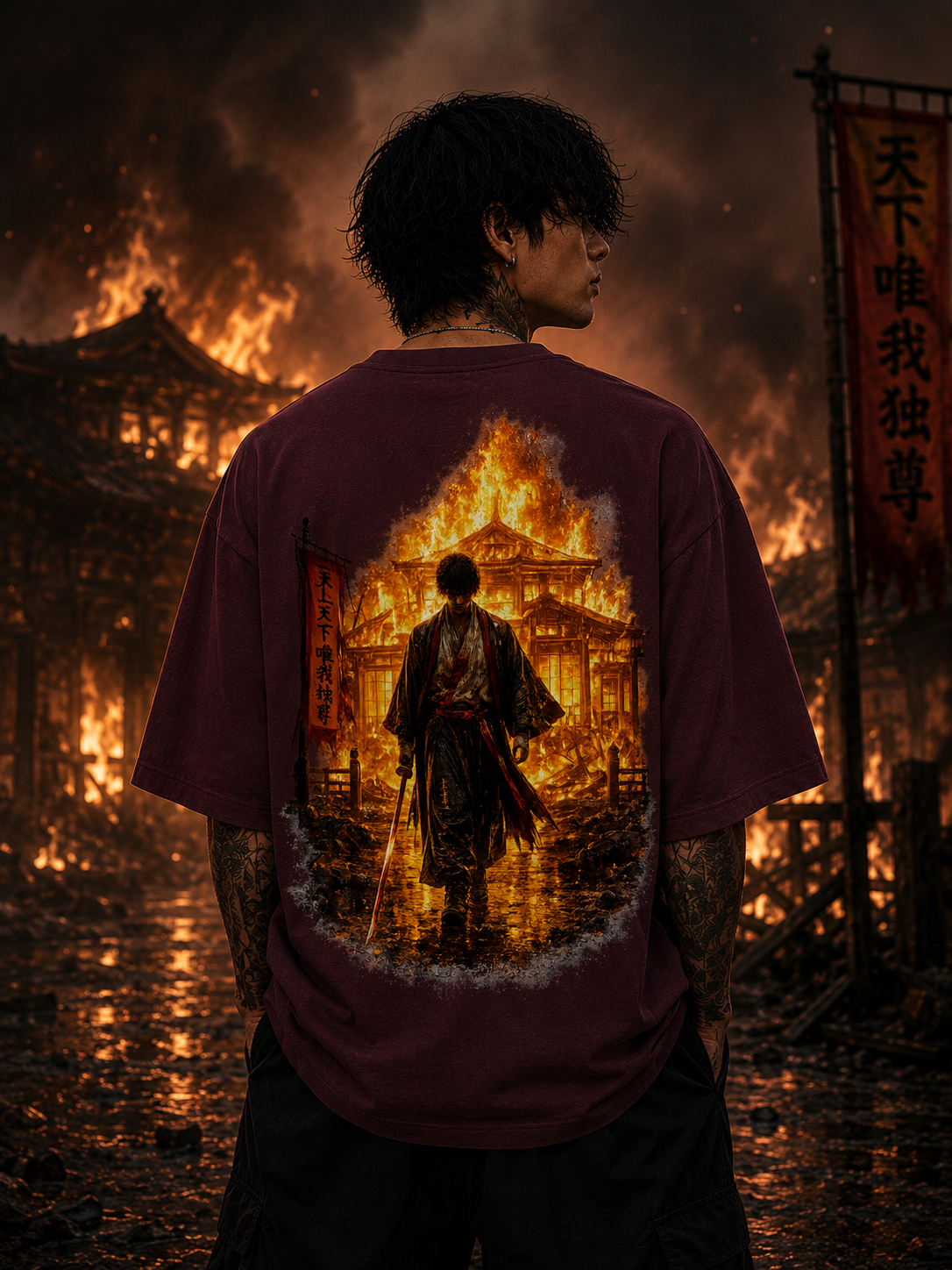 Fiery Silhouette Graphic Oversized Unisex Tee - 260 GSM Terry