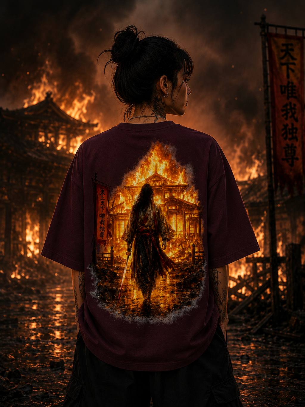 Fiery Silhouette Graphic Oversized Unisex Tee - 260 GSM Terry