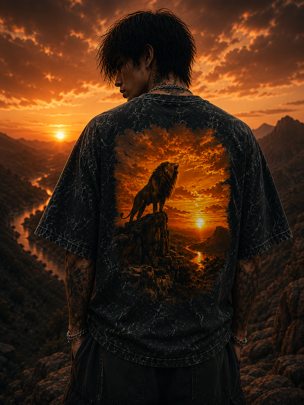 Lone Warrior Sunset Acid Wash Oversized Unisex Tee - 240 GSM