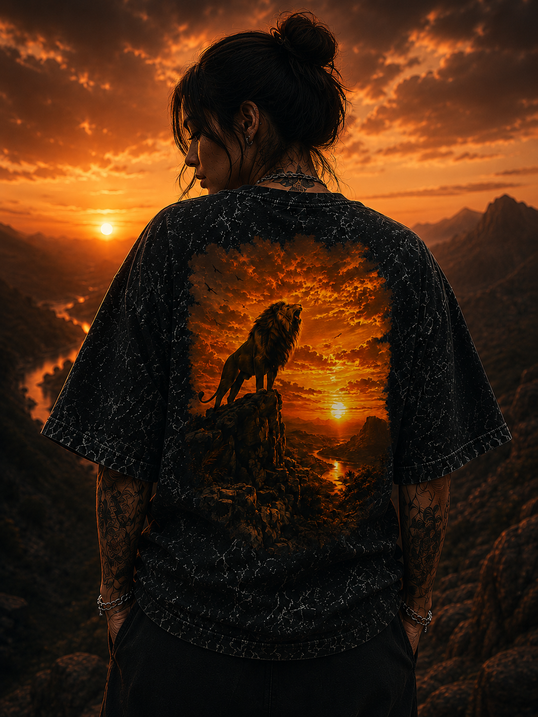 Lone Warrior Sunset Acid Wash Oversized Unisex Tee - 240 GSM