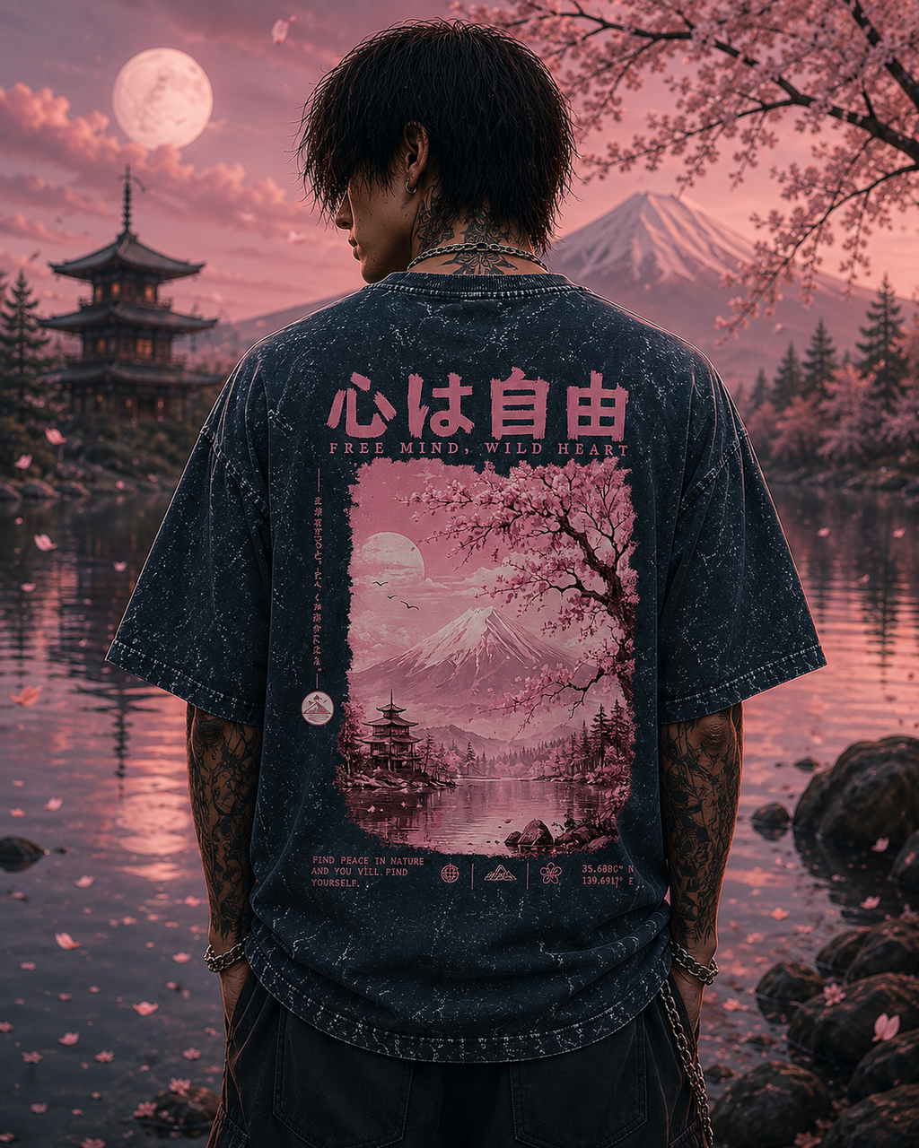 Pink Sakura Mountain Acid Wash Oversized Unisex Tee - 240 GSM