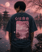 Pink Sakura Mountain Acid Wash Oversized Unisex Tee - 240 GSM