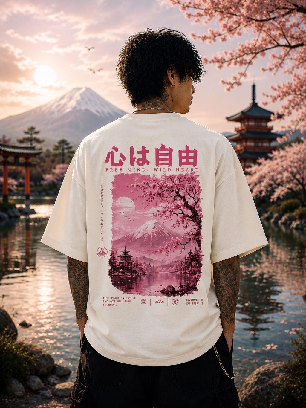 Pink Sakura Mountain Graphic Oversized Unisex Tee - 260 GSM Terry