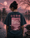 Pink Sakura Mountain Acid Wash Oversized Unisex Tee - 240 GSM