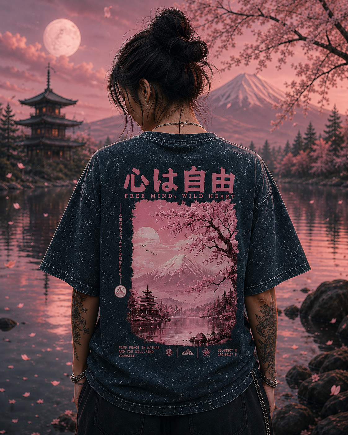 Pink Sakura Mountain Acid Wash Oversized Unisex Tee - 240 GSM
