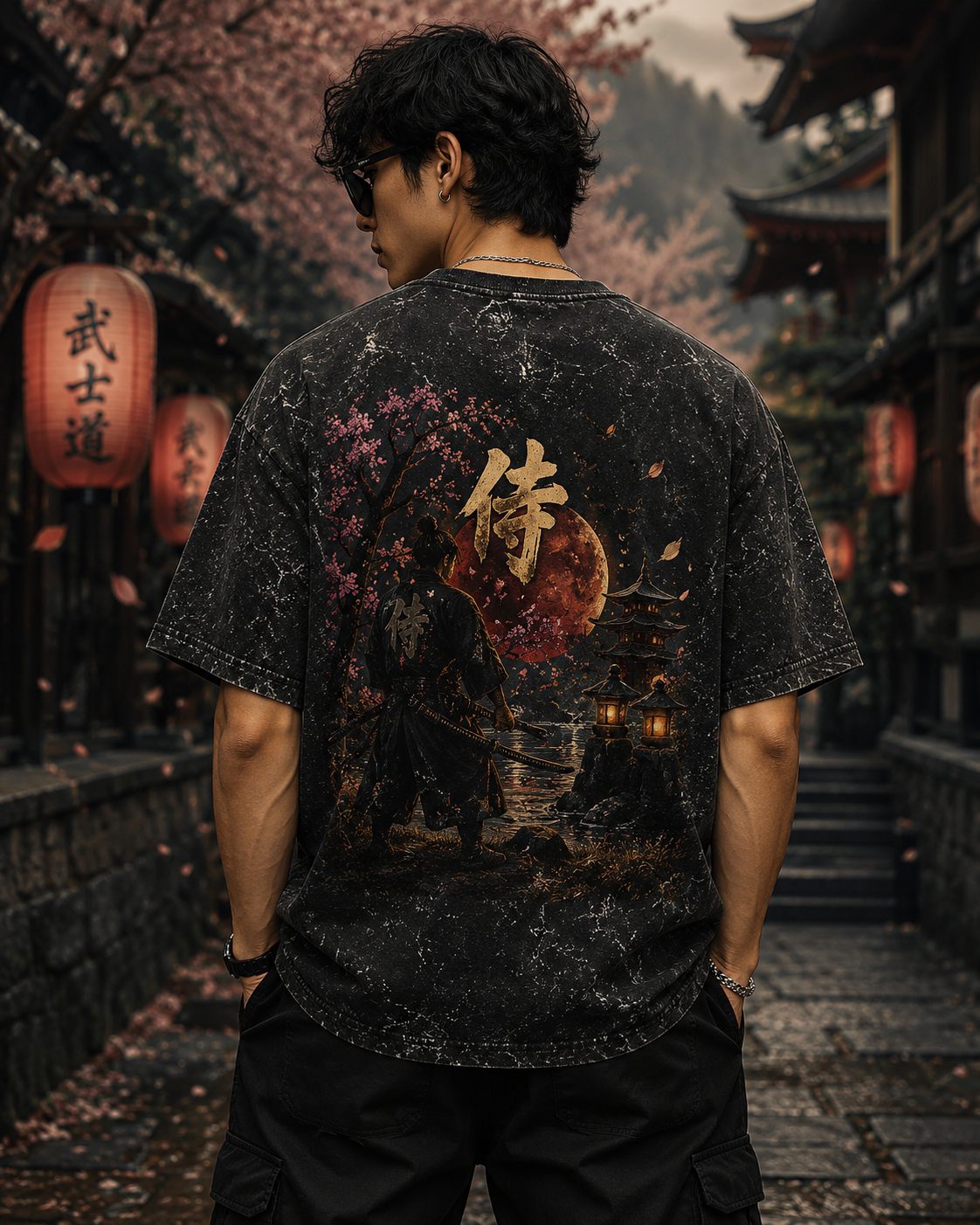 Samurai Sunset Graphic Acid Wash Oversized Unisex Tee - 240 GSM