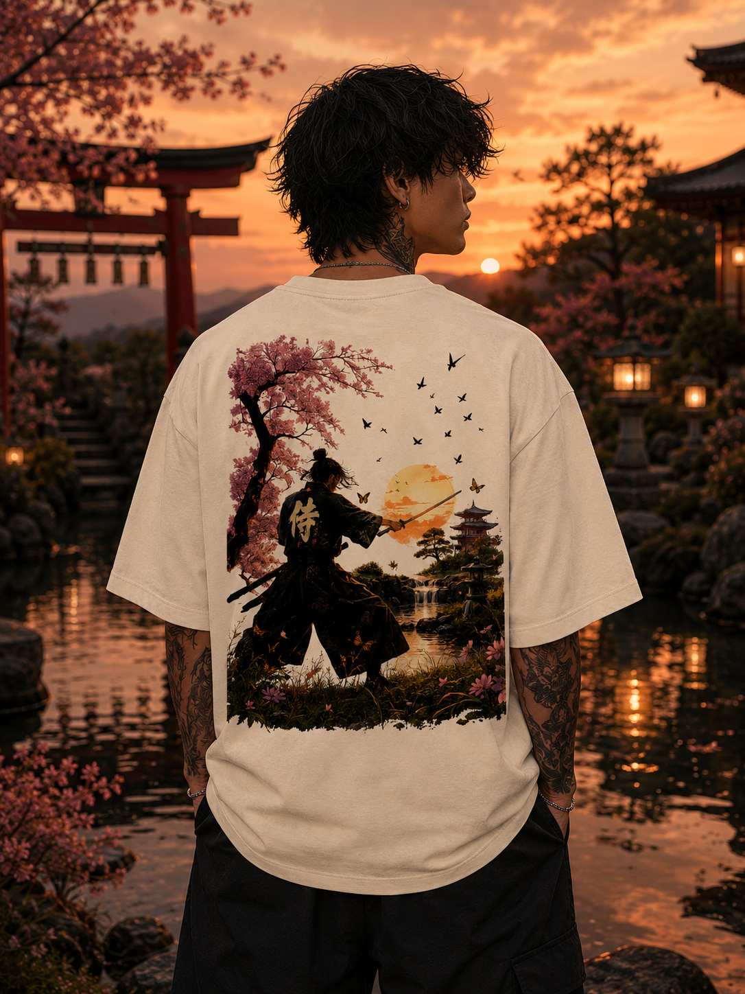 Samurai Cherry Blossom Graphic Oversized Unisex Tee - 260 GSM Terry
