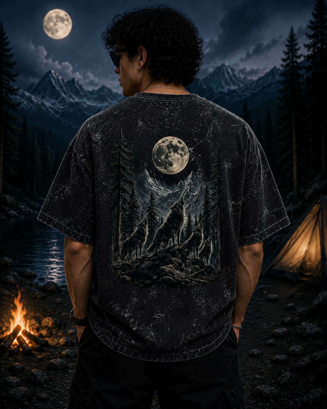 Midnight Forest Moon Acid Wash Oversized Unisex Tee - 240 GSM