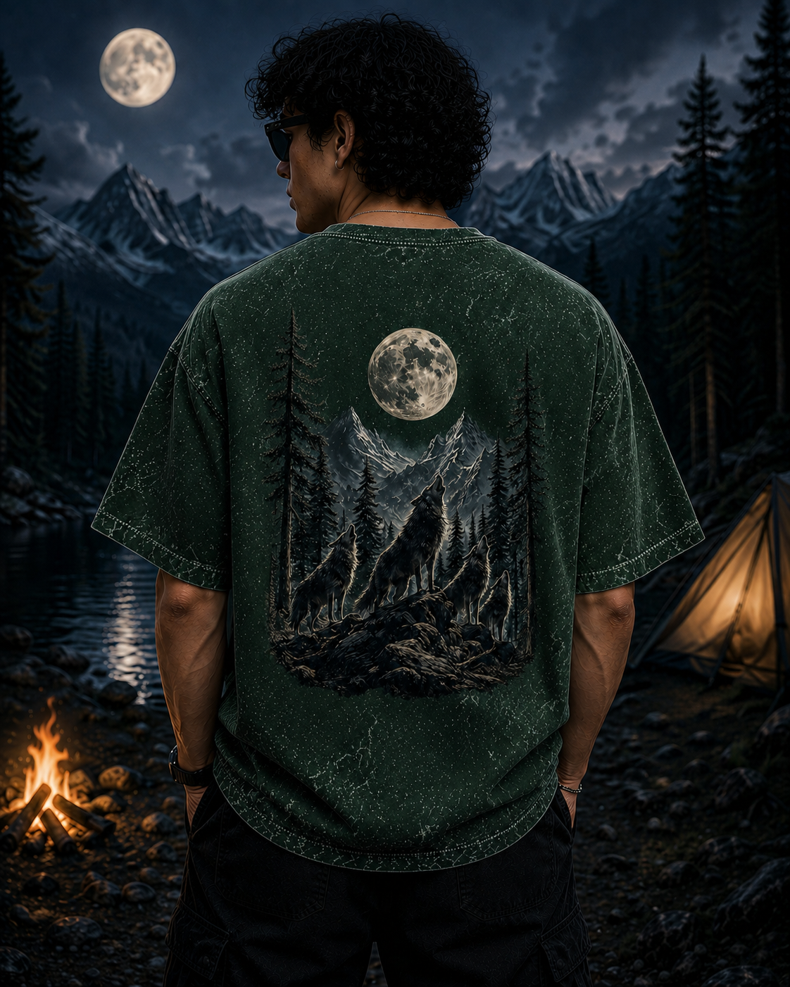 Midnight Forest Moon Acid Wash Oversized Unisex Tee - 240 GSM