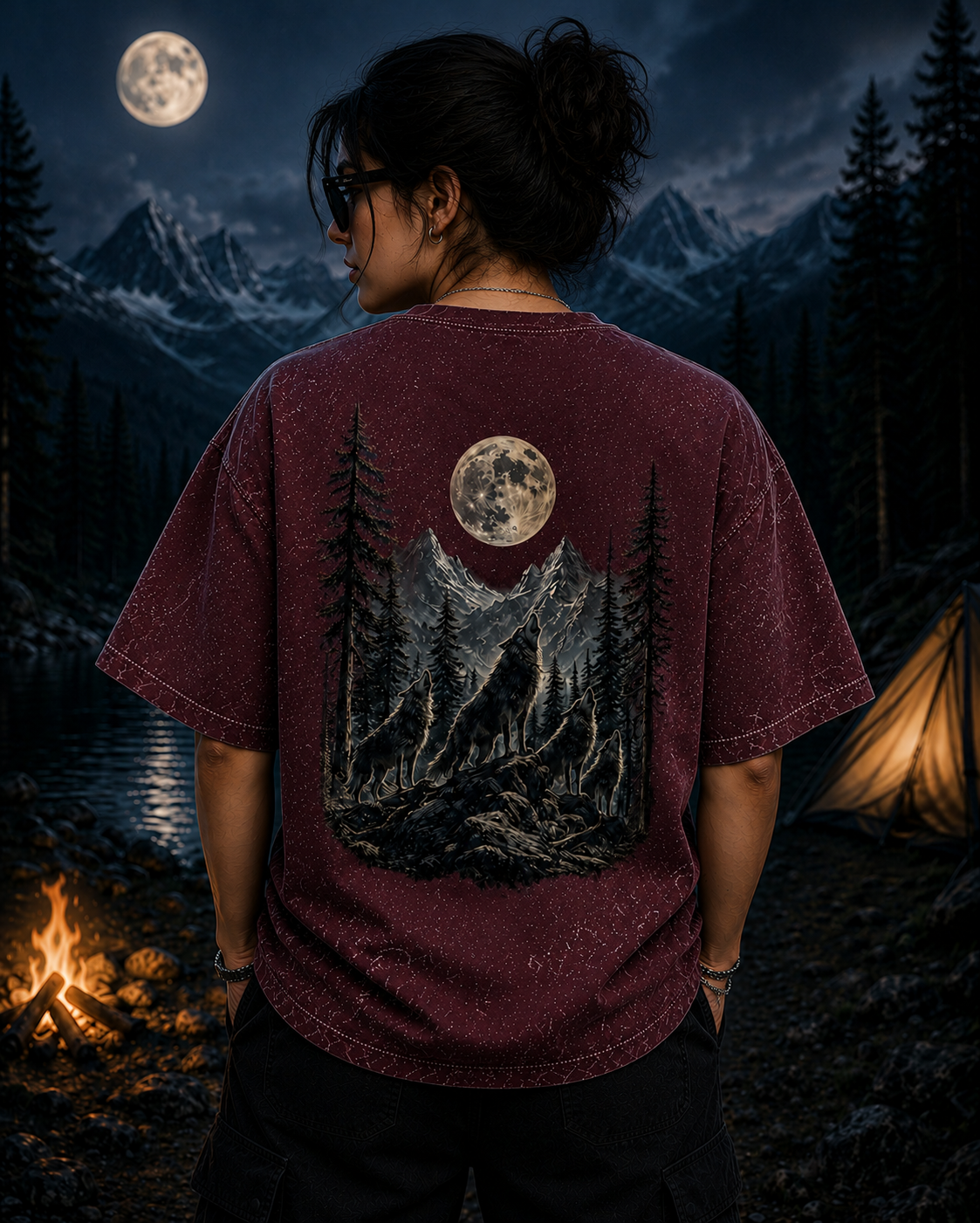 Midnight Forest Moon Acid Wash Oversized Unisex Tee - 240 GSM