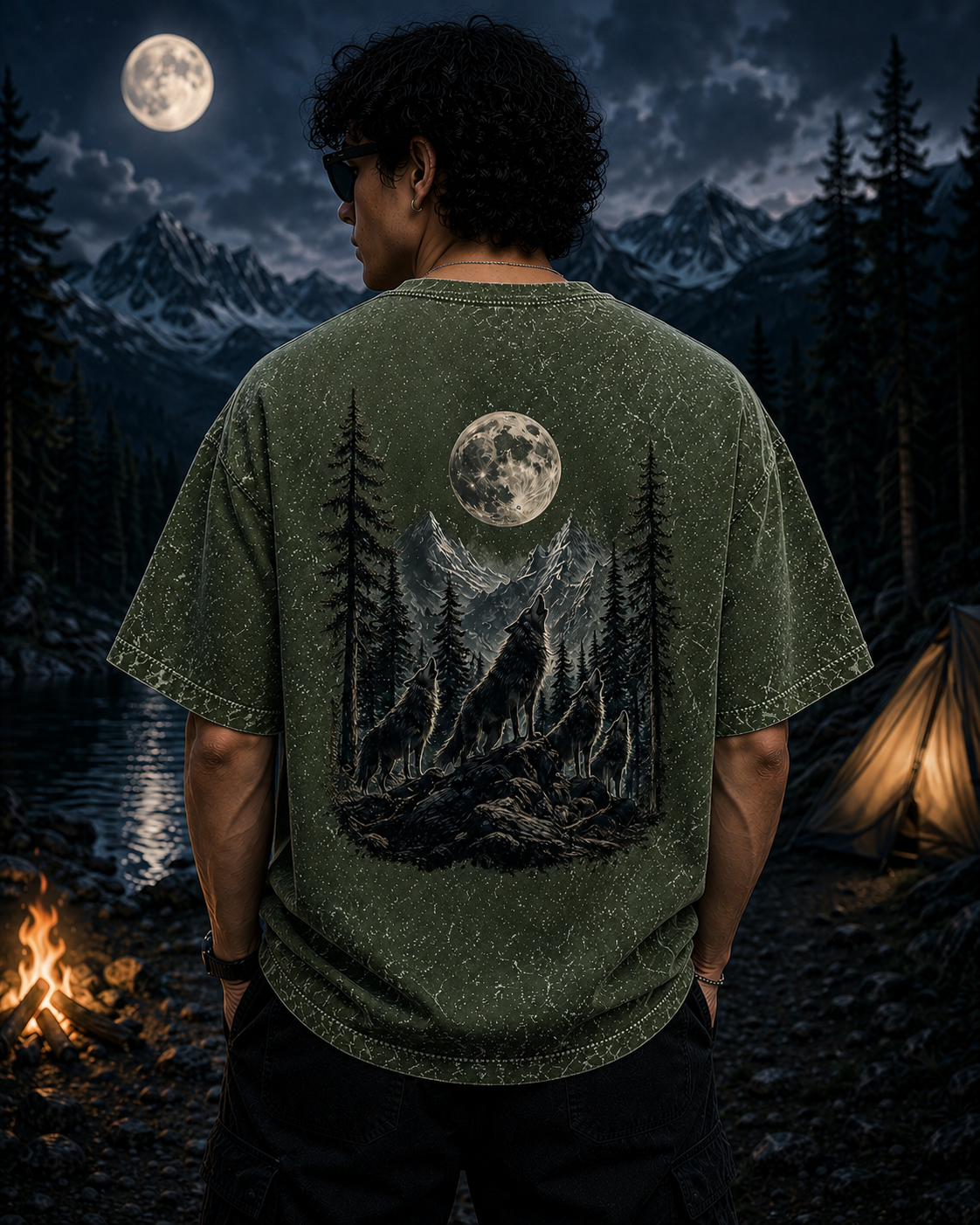 Midnight Forest Moon Acid Wash Oversized Unisex Tee - 240 GSM