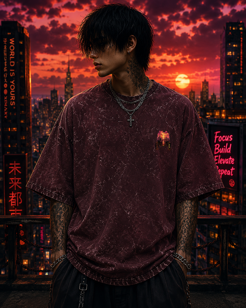 Fiery Cyberpunk Cityscape Acid Wash Oversized Unisex Tee - 240 GSM