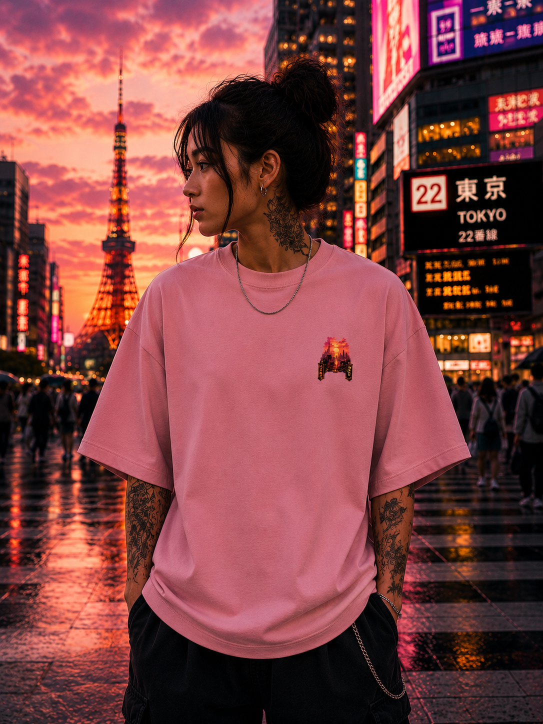 Fiery Cyberpunk Cityscape Oversized Unisex Tee - 260 GSM Terry