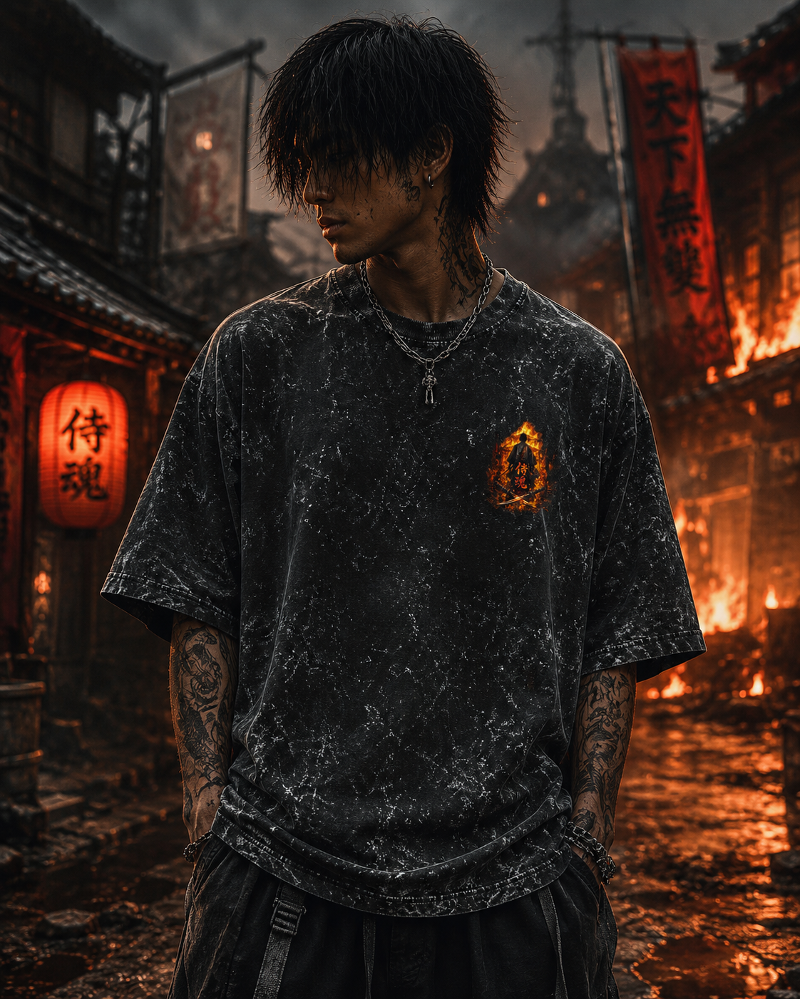 Explosive Action Silhouette Acid Wash Oversized Unisex Tee - 240 GSM