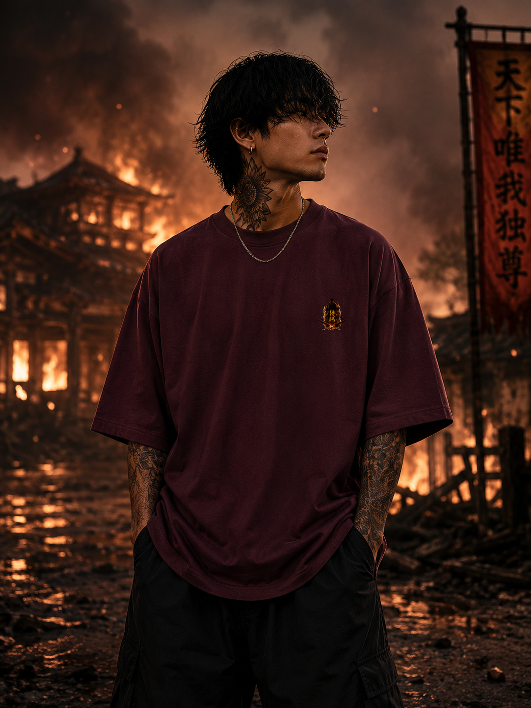 Fiery Silhouette Graphic Oversized Unisex Tee - 260 GSM Terry