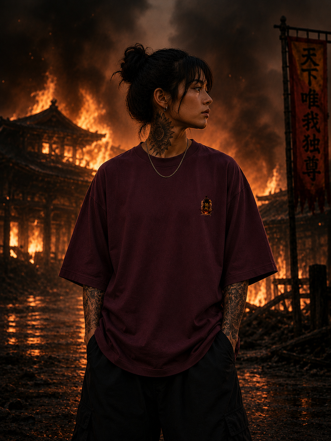 Fiery Silhouette Graphic Oversized Unisex Tee - 260 GSM Terry
