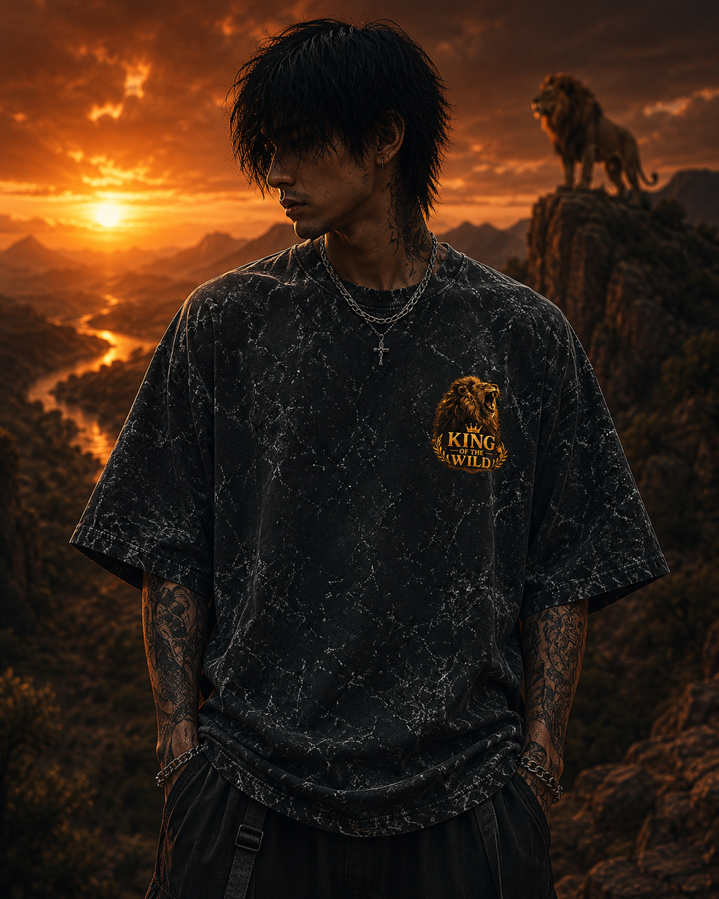 Lone Warrior Sunset Acid Wash Oversized Unisex Tee - 240 GSM