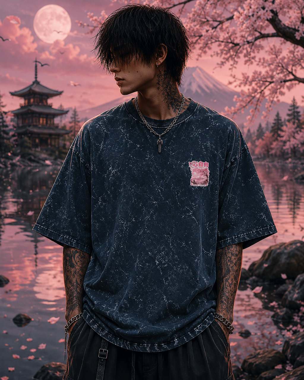Pink Sakura Mountain Acid Wash Oversized Unisex Tee - 240 GSM