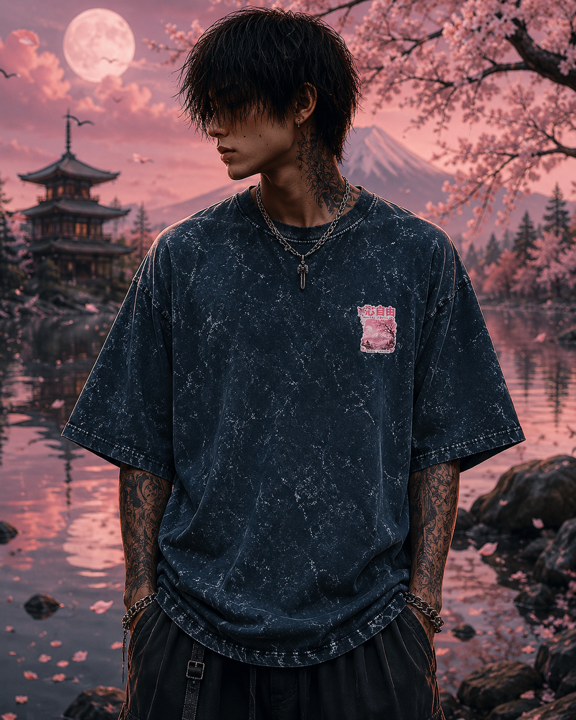 Pink Sakura Mountain Acid Wash Oversized Unisex Tee - 240 GSM