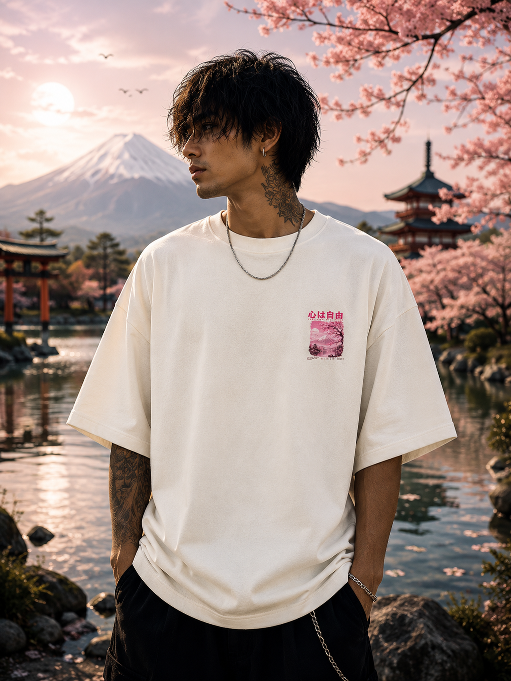 Pink Sakura Mountain Graphic Oversized Unisex Tee - 260 GSM Terry