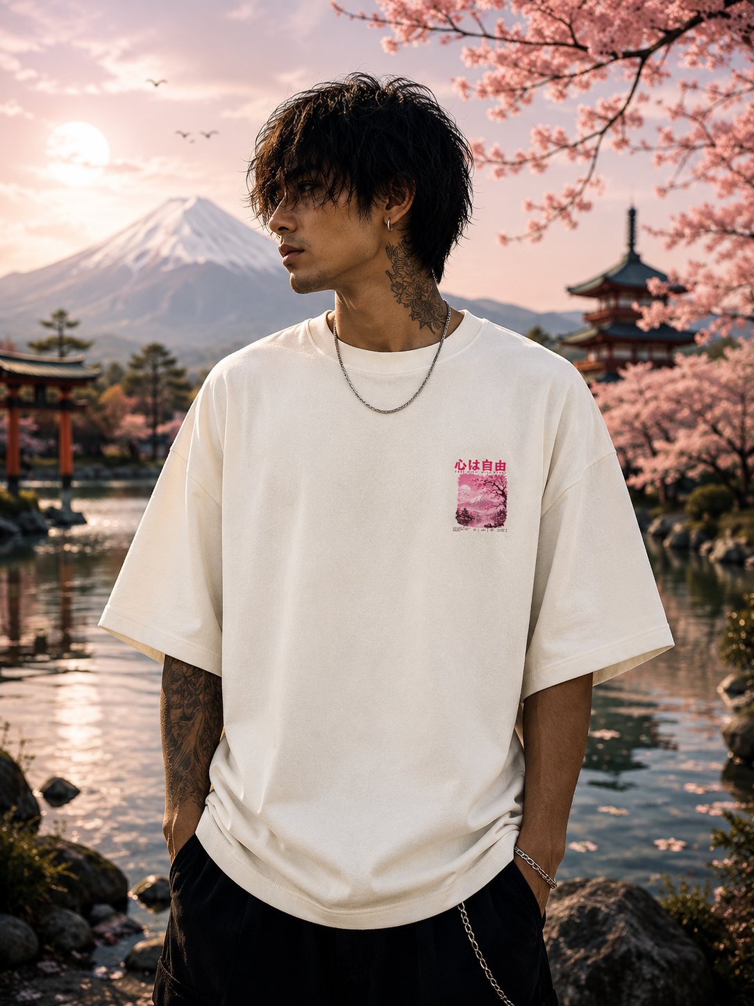 Pink Sakura Mountain Graphic Oversized Unisex Tee - 260 GSM Terry