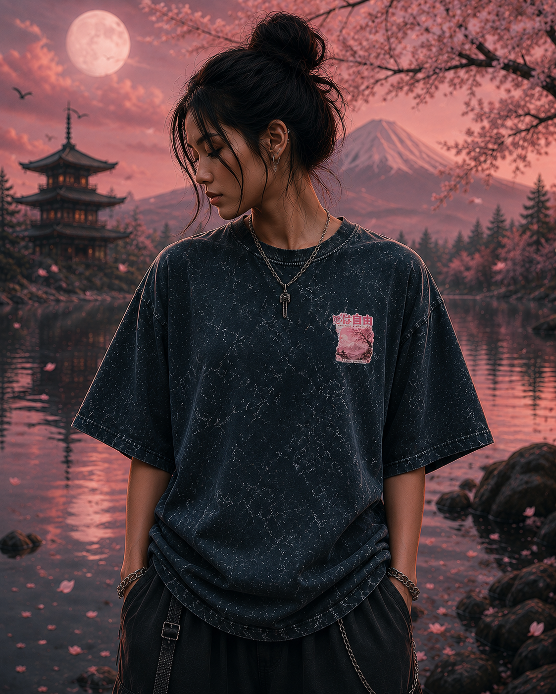 Pink Sakura Mountain Acid Wash Oversized Unisex Tee - 240 GSM