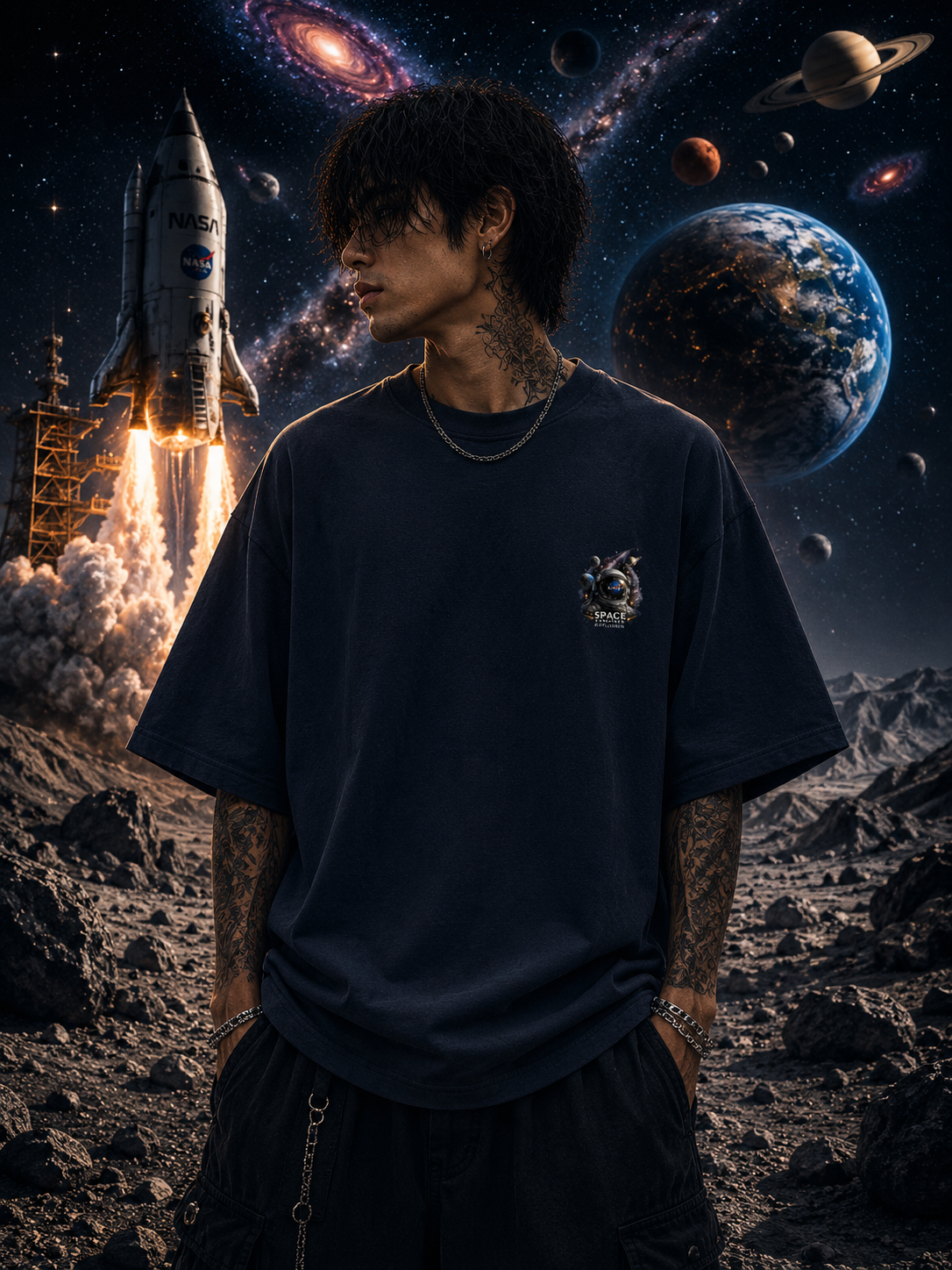 Surreal Cosmic Planets Graphic Oversized Unisex Tee - 260 GSM Terry