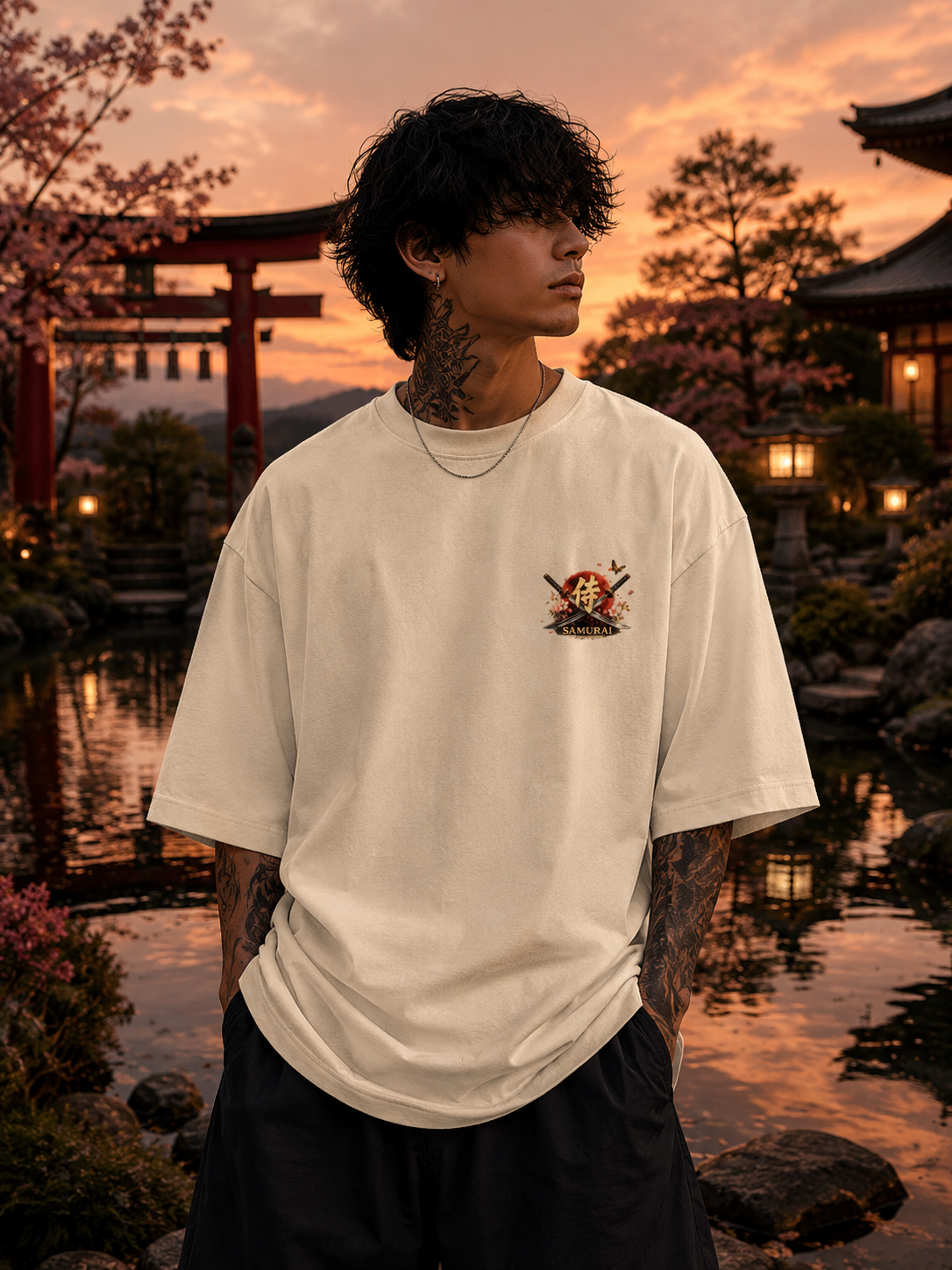 Samurai Cherry Blossom Graphic Oversized Unisex Tee - 260 GSM Terry