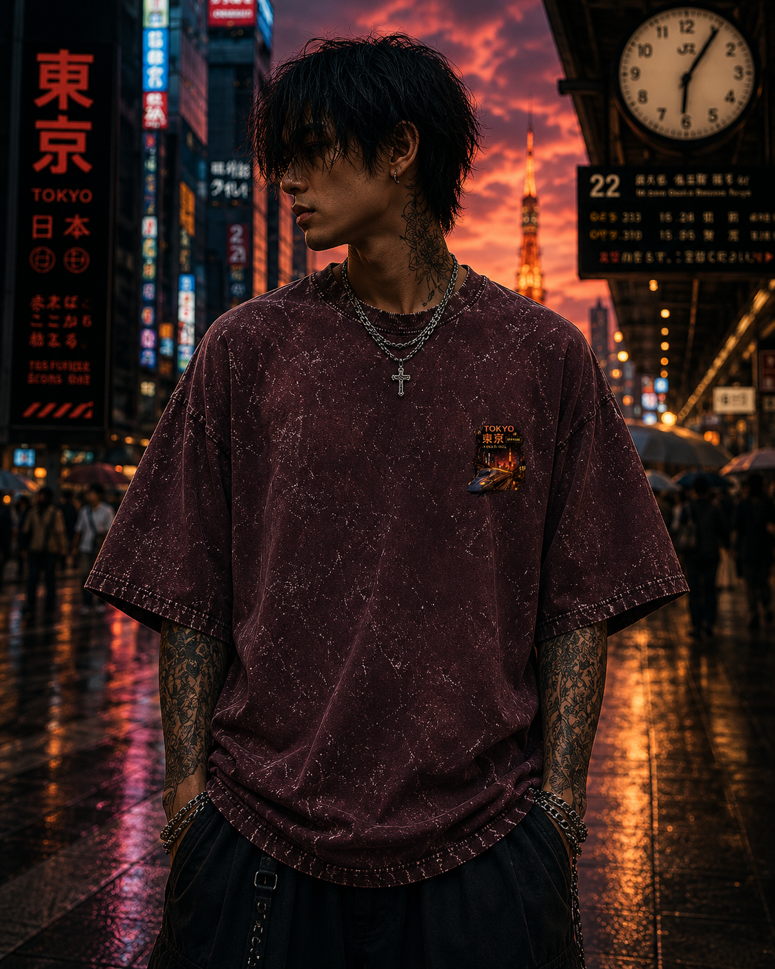 Midnight Cityscape Acid Wash Oversized Unisex Tee - 240 GSM
