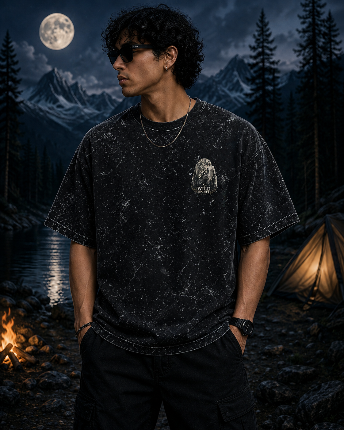 Midnight Forest Moon Acid Wash Oversized Unisex Tee - 240 GSM