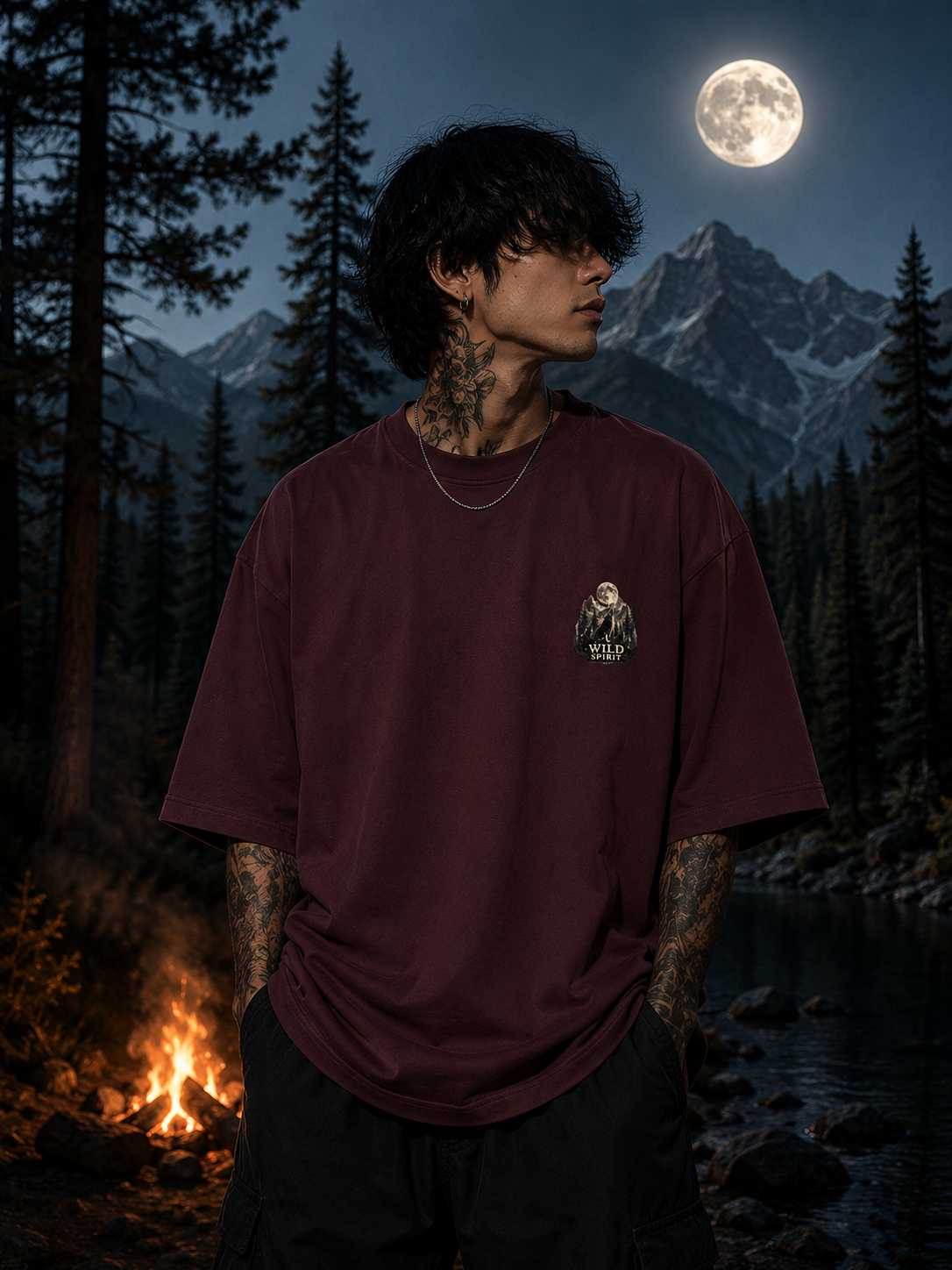Midnight Forest Moon Graphic Oversized Unisex Tee - 260 GSM Terry