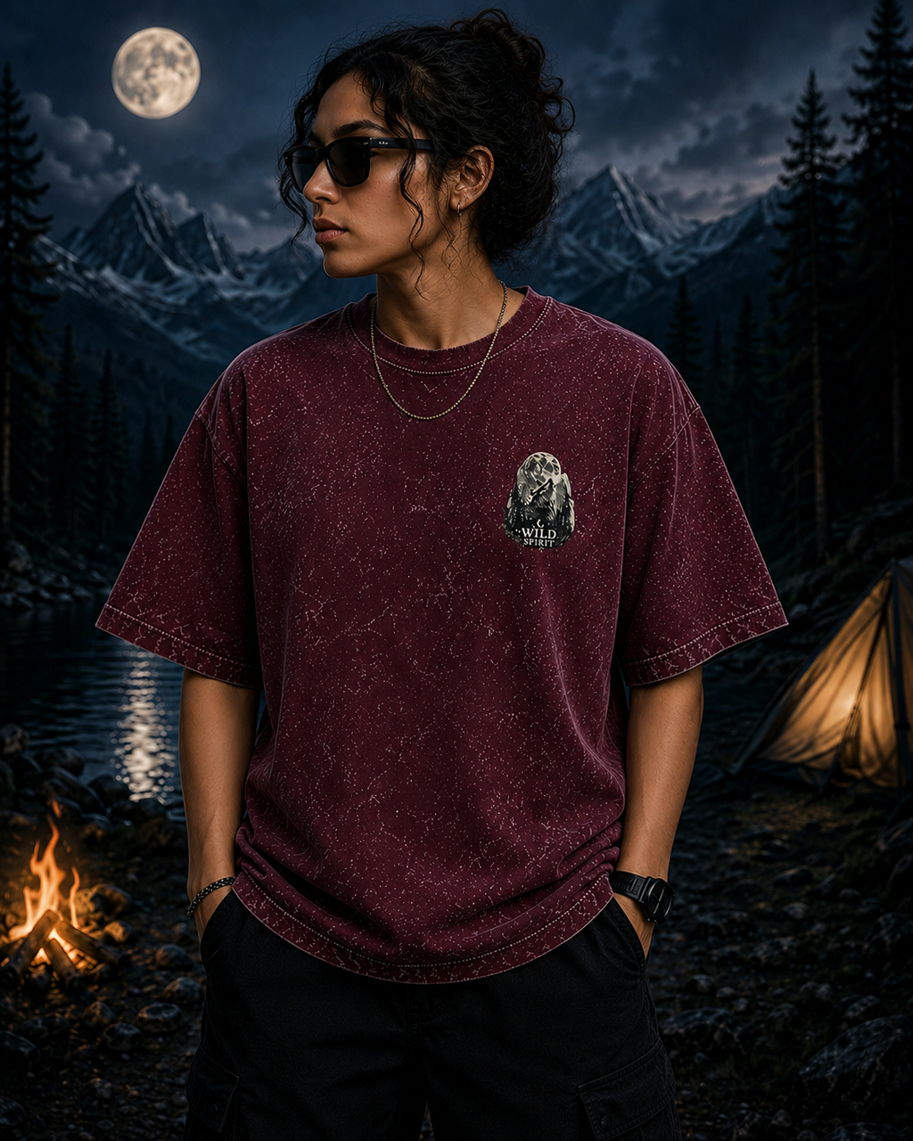 Midnight Forest Moon Acid Wash Oversized Unisex Tee - 240 GSM