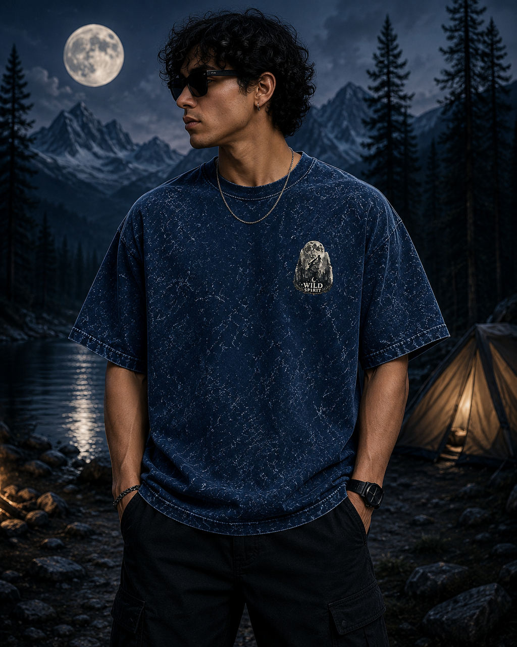 Midnight Forest Moon Acid Wash Oversized Unisex Tee - 240 GSM